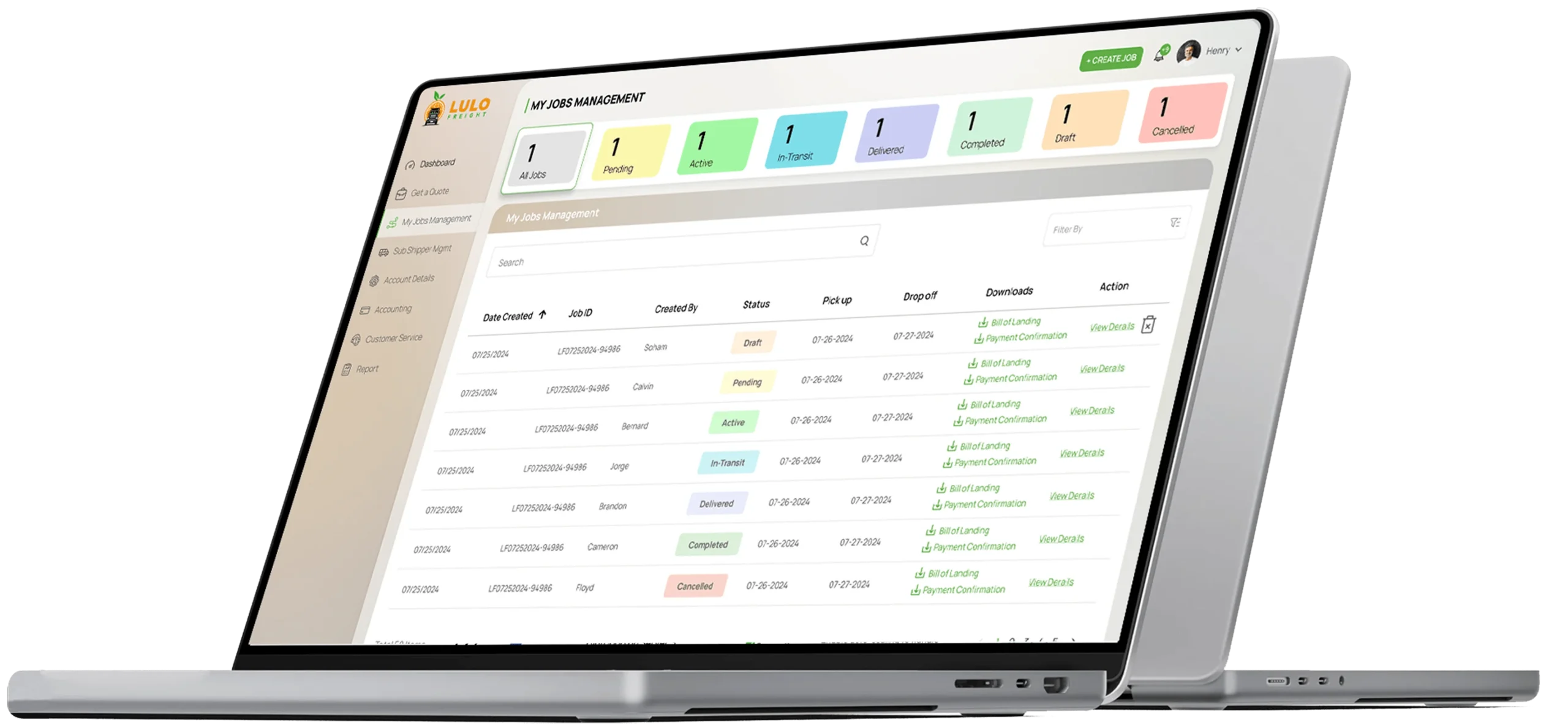 Lulo Freight job management interface on a laptop